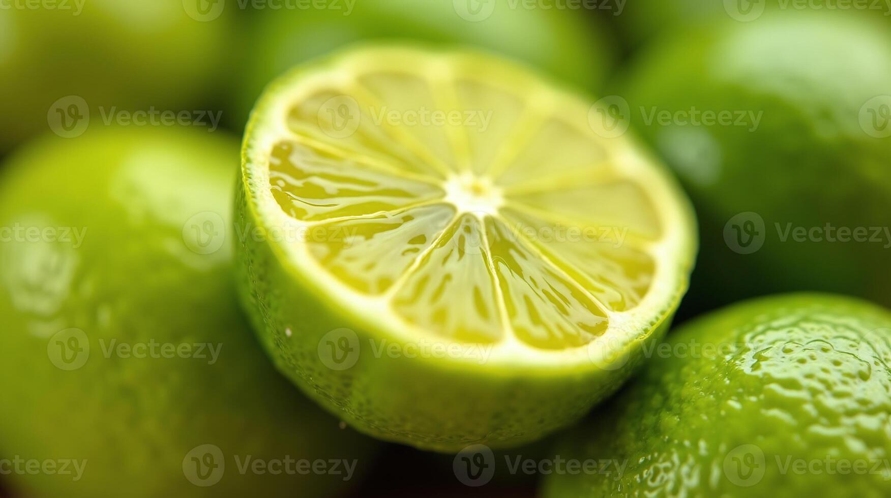 The image features a vibrant lime cut in half, revealing its juicy, translucent flesh. photo