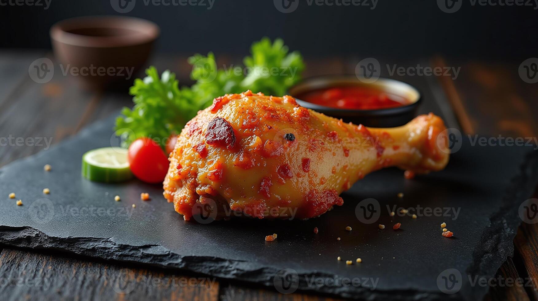 Golden fried chicken drumstick garnished with a fresh tomato and herb. photo
