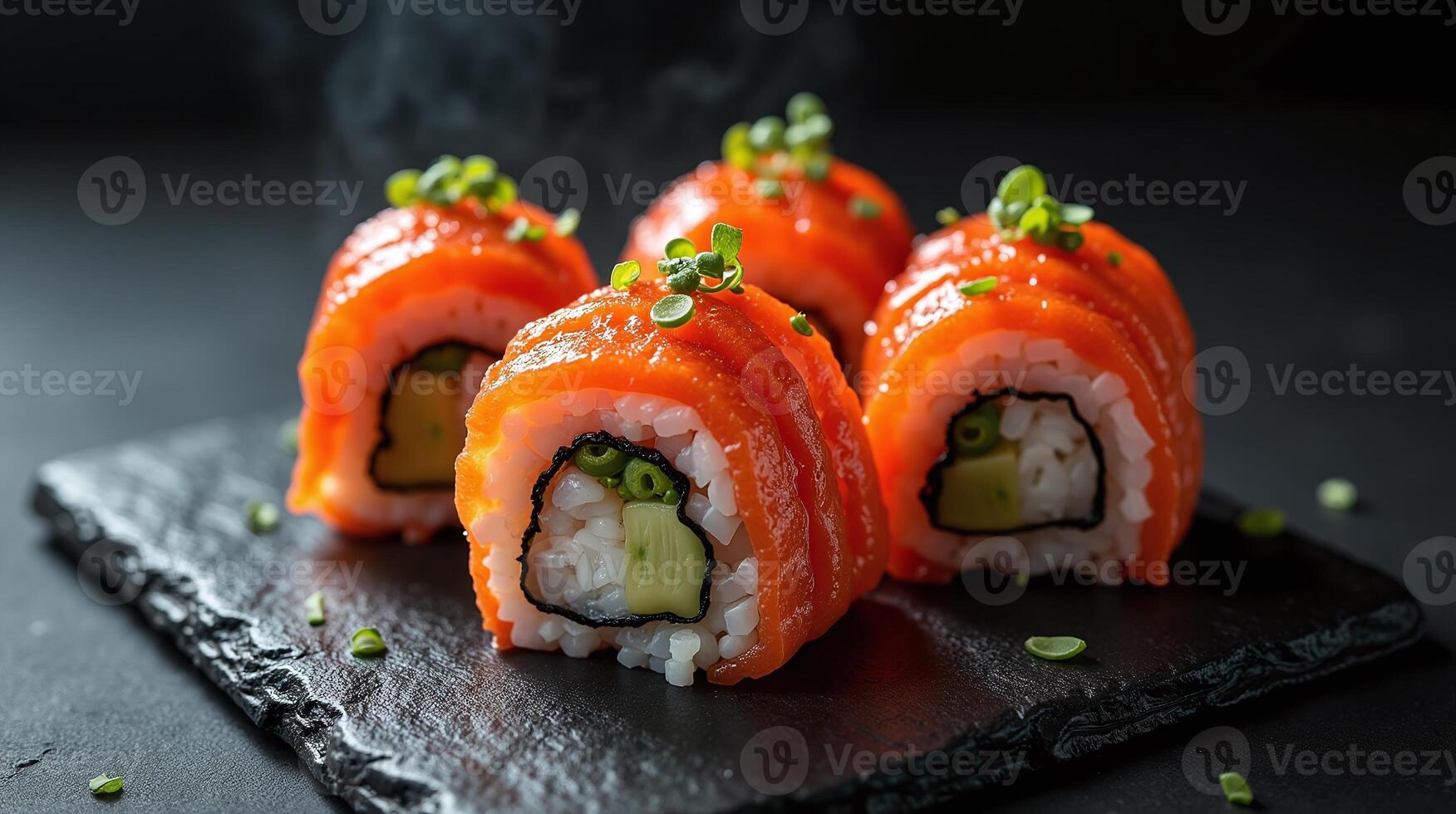 The image features a meticulously arranged sushi roll, prominently showcasing the vibrant orange hue of the salmon, complemented by a precisely cut slice of green vegetable inside. photo