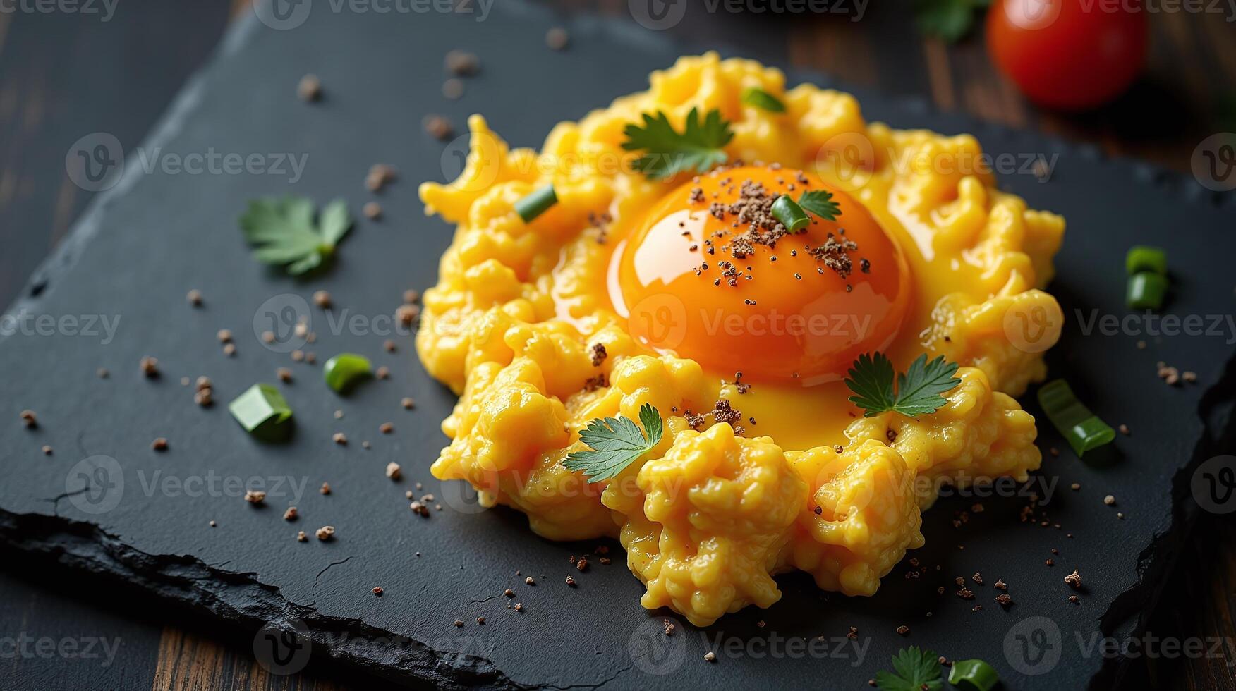 A dish features scrambled eggs encircled by vibrant orange yolk, garnished with green parsley and sprinkled with red pepper flakes. photo