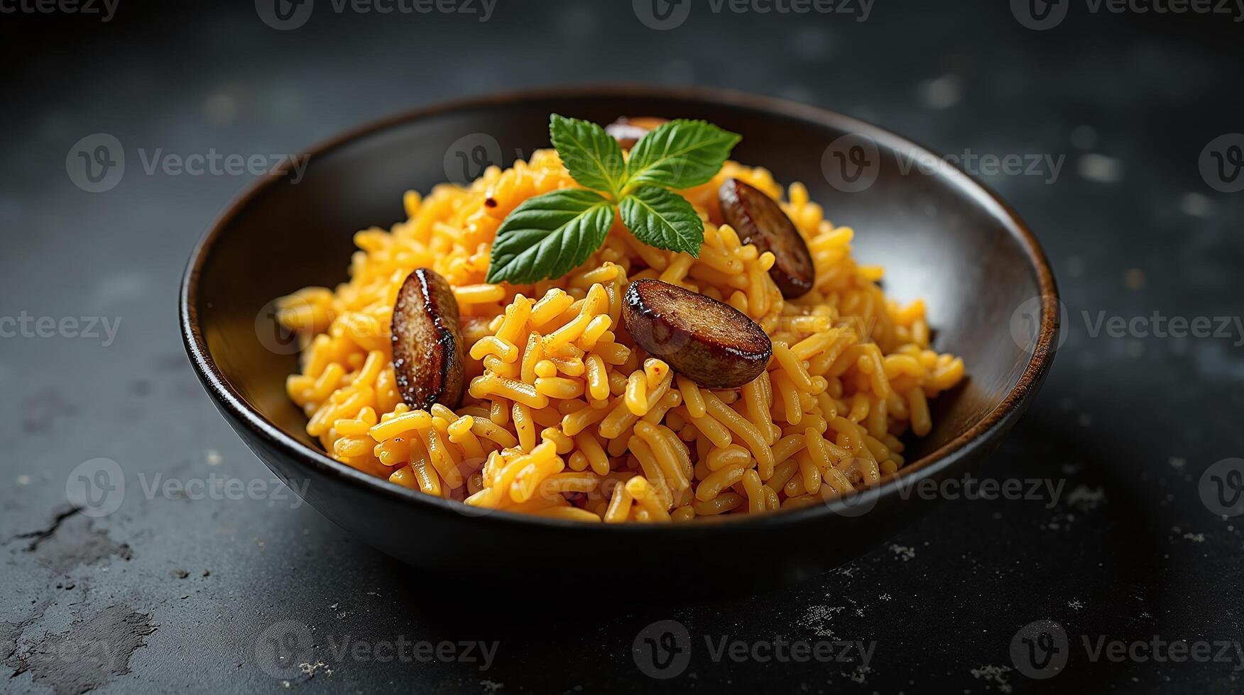 A bowl of vibrant yellow rice garnished with roasted mushrooms and a sprig of fresh mint. photo