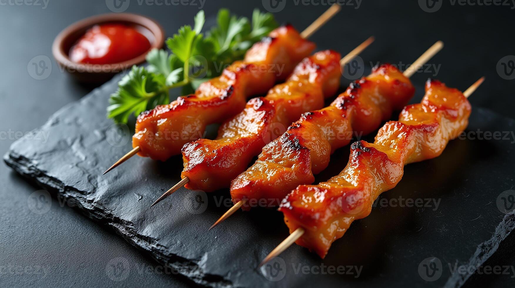 Gourmet skewers of grilled meat, garnished with fresh herbs and a condiment dish, presented elegantly on a dark, rustic stone platter. photo