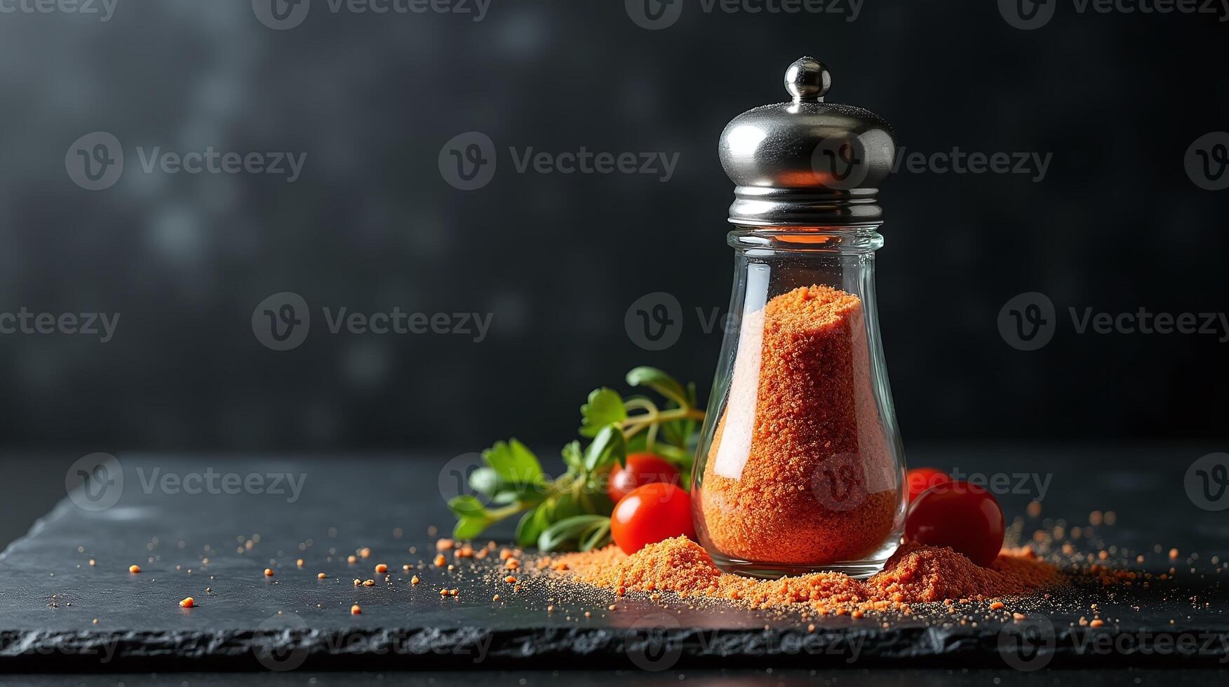 Spice container with orange powder on a black surface. photo