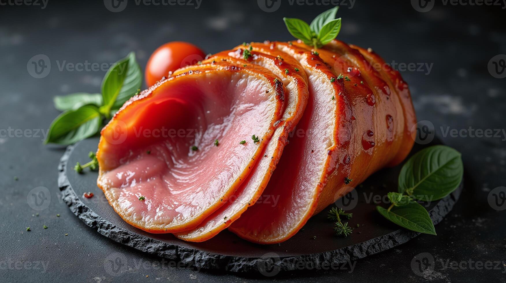 Slices of ham glistening with a savory glaze and garnished with fresh herbs. photo