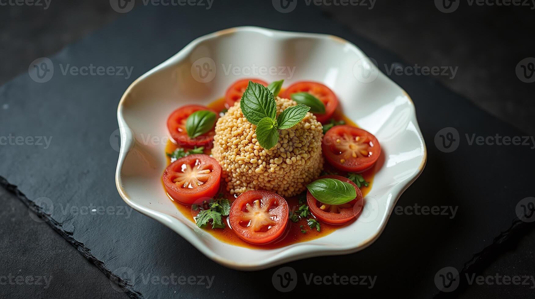 A filigree bowl holds a gourmet dish of couscous and sliced tomatoes, garnished with fresh basil. photo