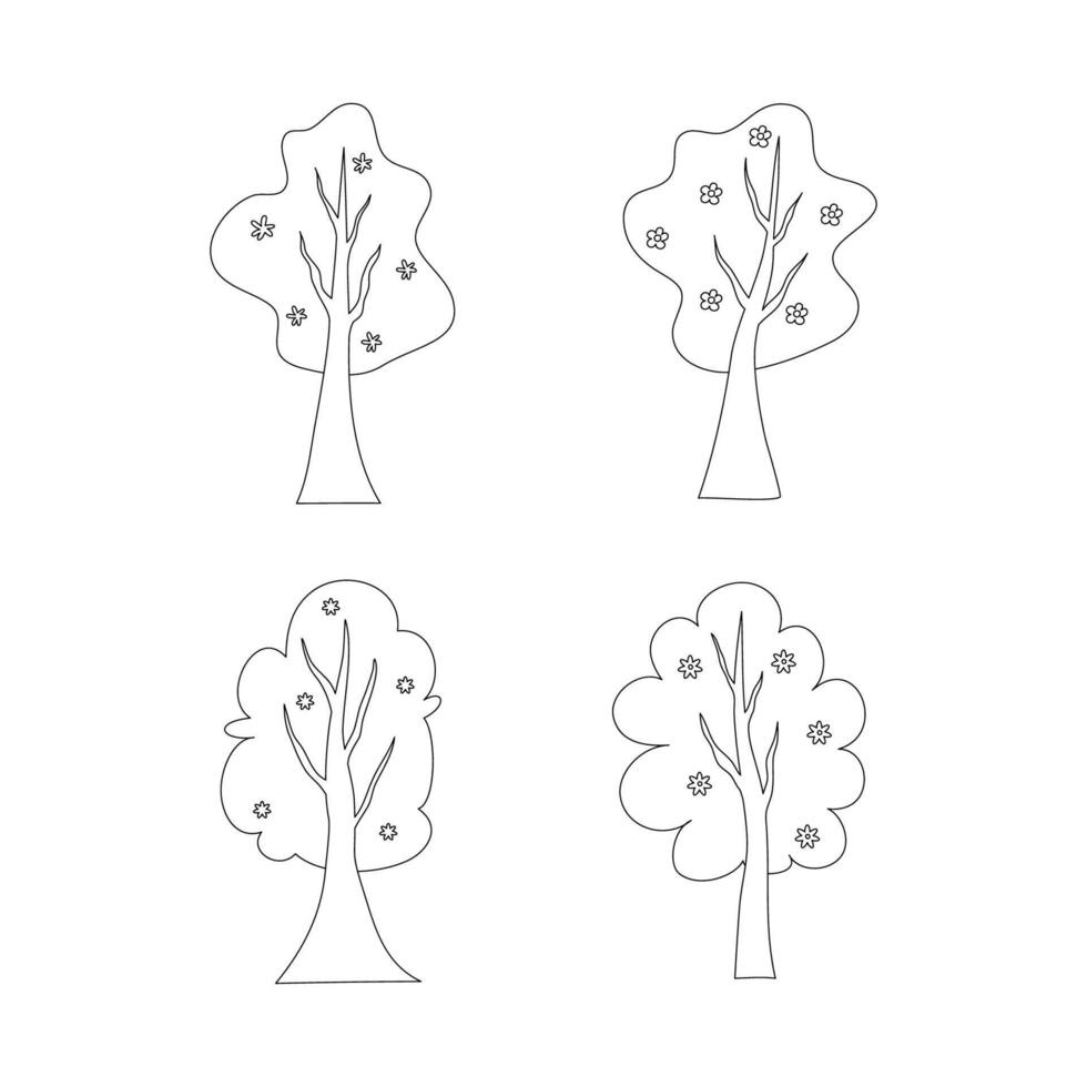 Hand drawn trees outline flowering set item vector