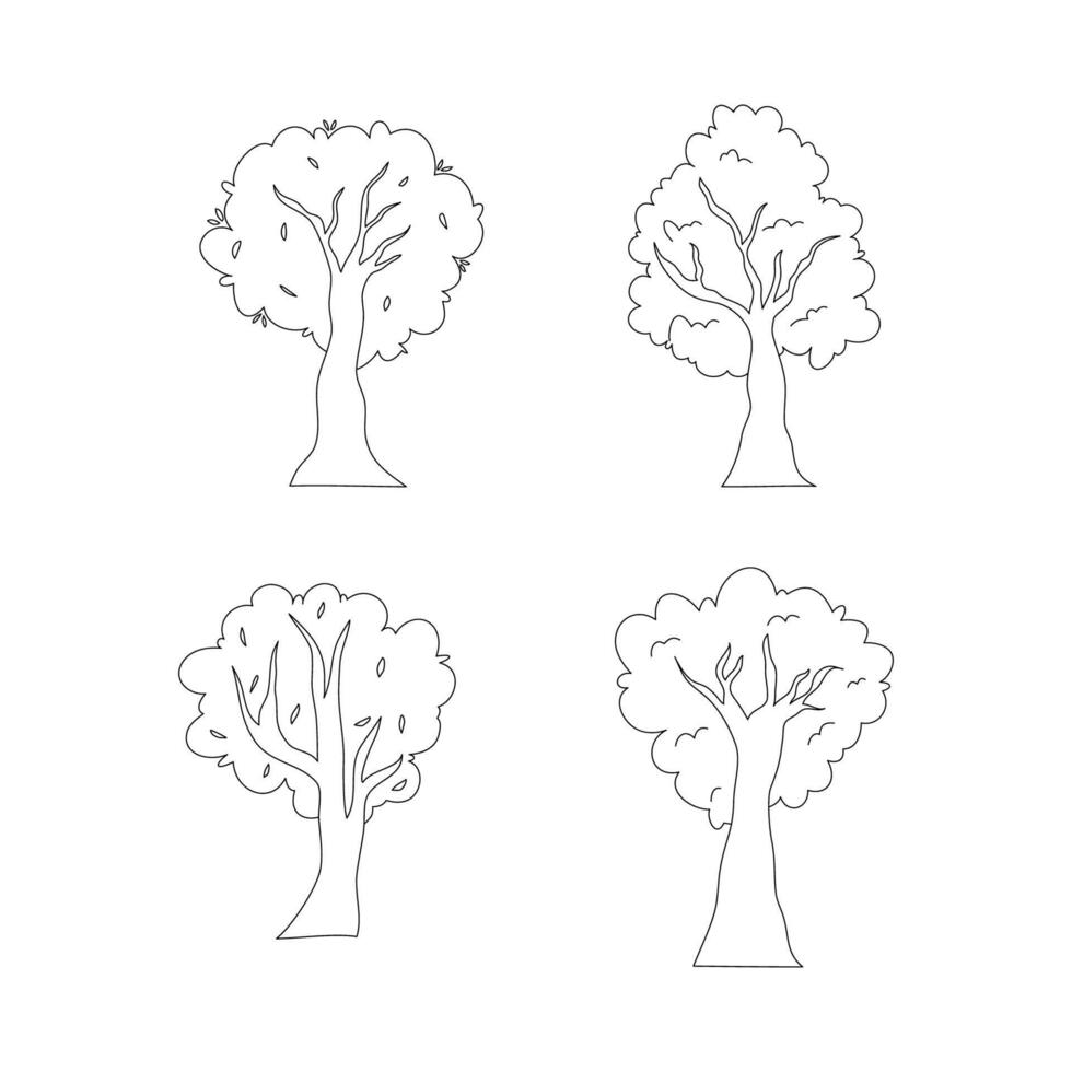 Hand drawn different trees outline for coloring set item vector