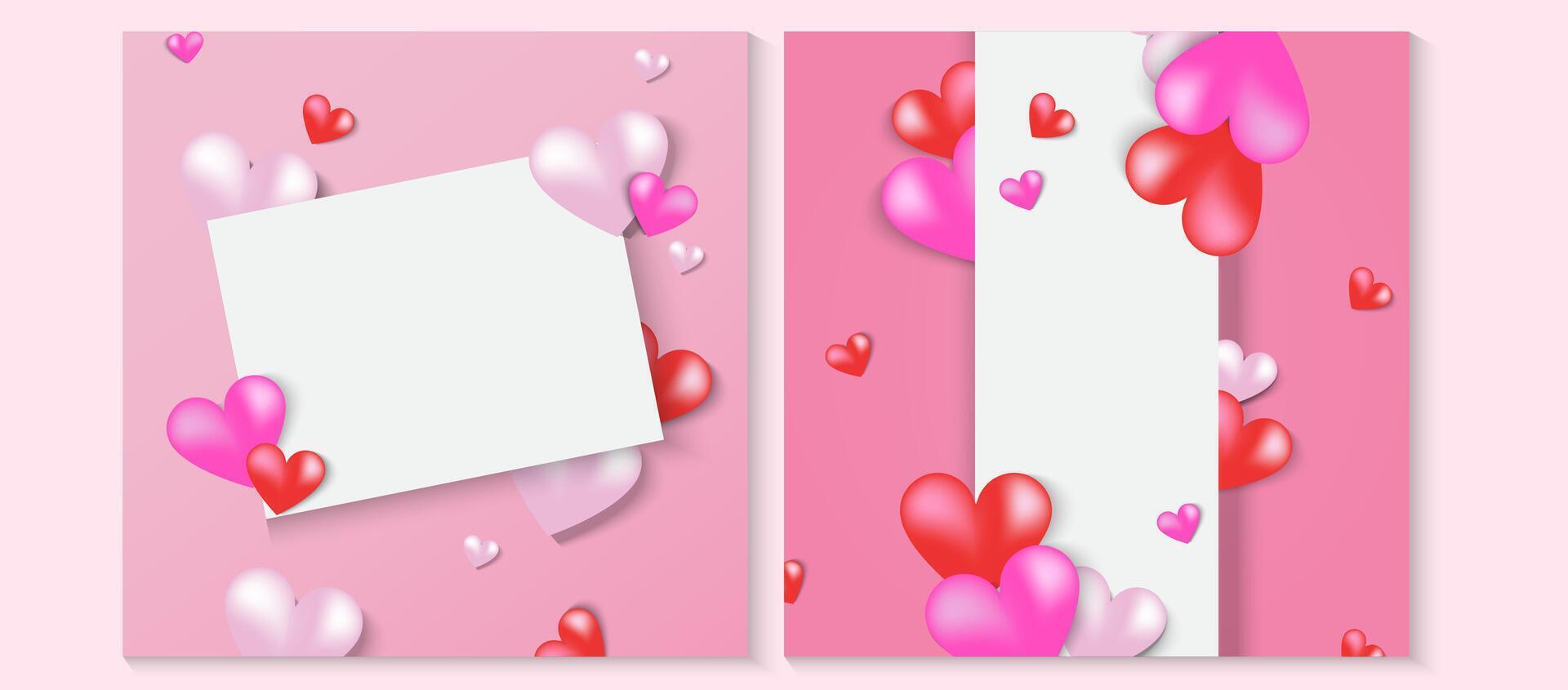 two pink velentine banners with hearts and a blank card vector