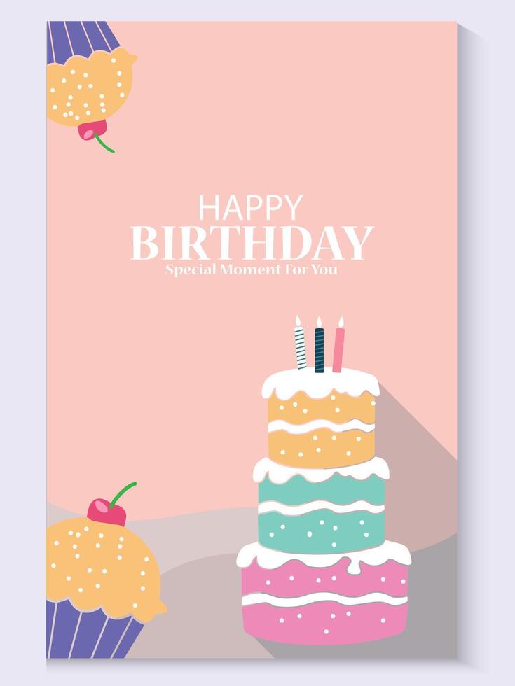 colorful birthday card poster template with cake and cupcakes vector