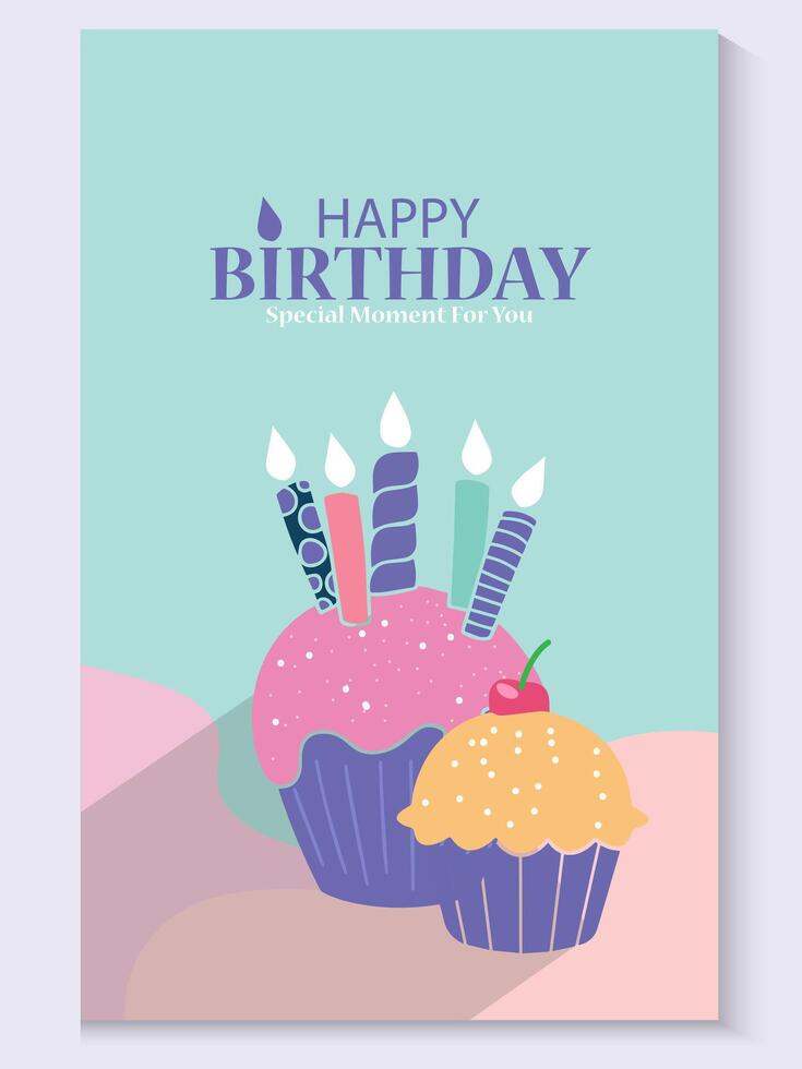 birthday card with cupcakes and candles on soft color vector