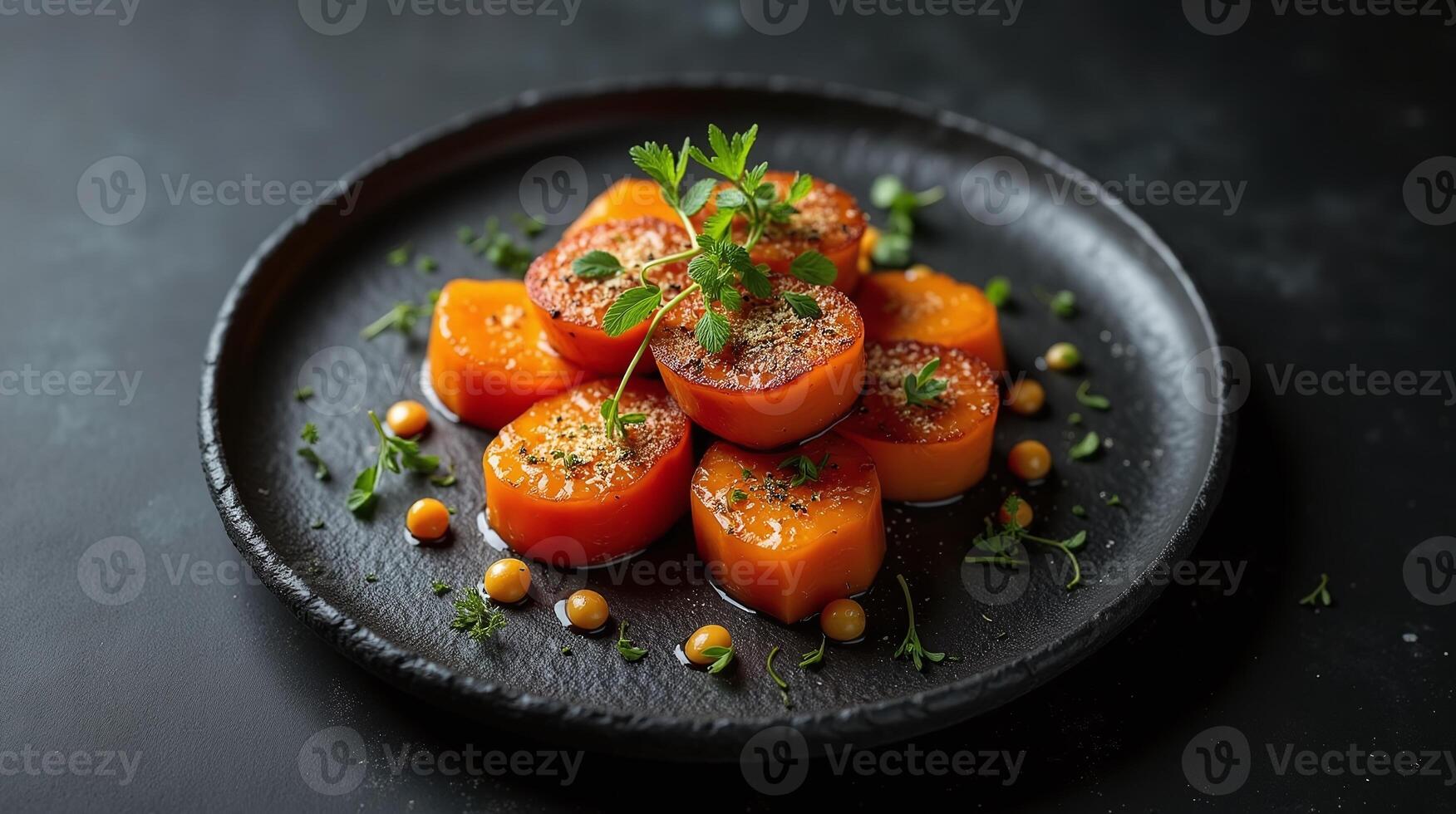 This image presents a visually appealing dish, meticulously arranged with vibrant orange and yellow elements, set against a stark black background, enhancing its elegant and artistic presentation. photo