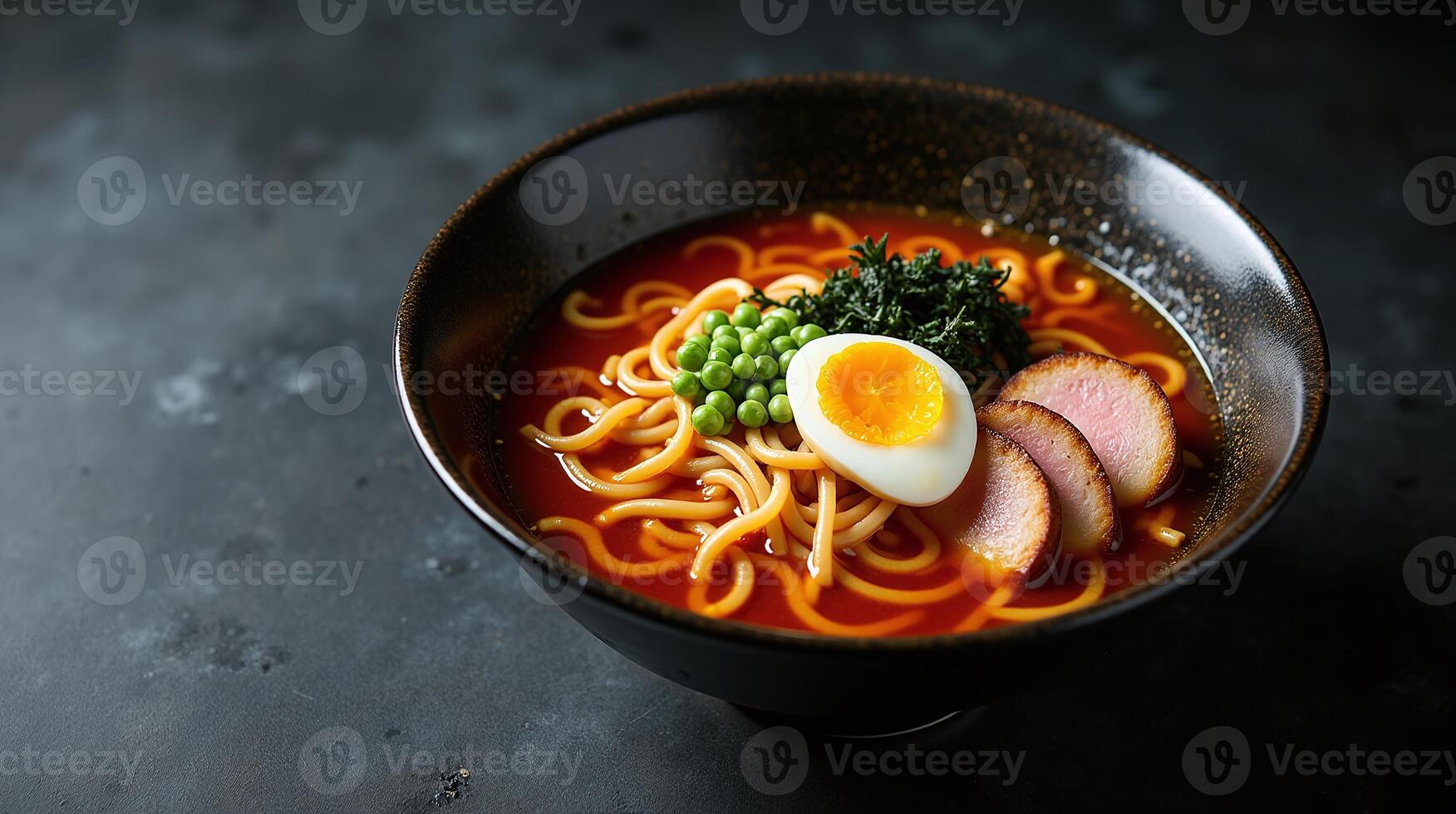 The image features a meticulously prepared bowl of ramen, adorned with vibrant ingredients including a halved boiled egg, succulent meat slices, and a fresh garnish, photo
