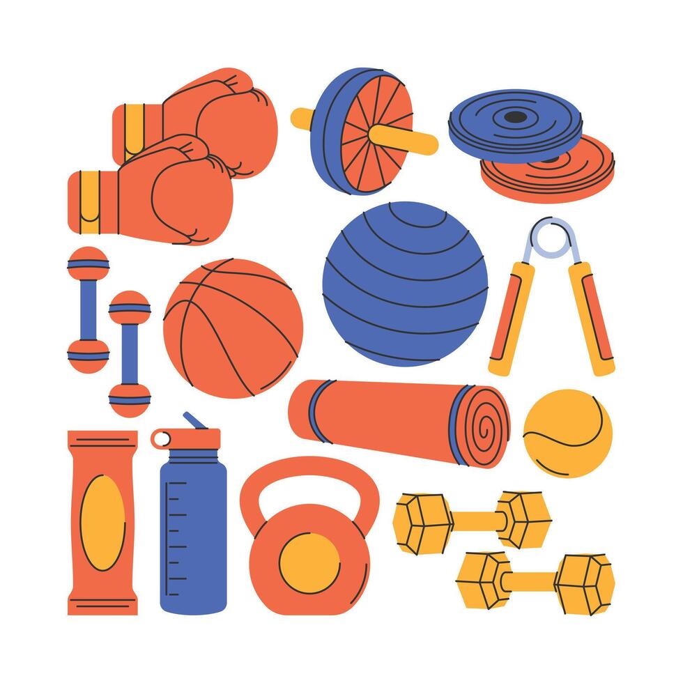 Flat design illustration of sports and workout gear like boxing gloves, dumbbells, yoga mat, and more. Ideal for fitness, gym, and exercise themes. vector