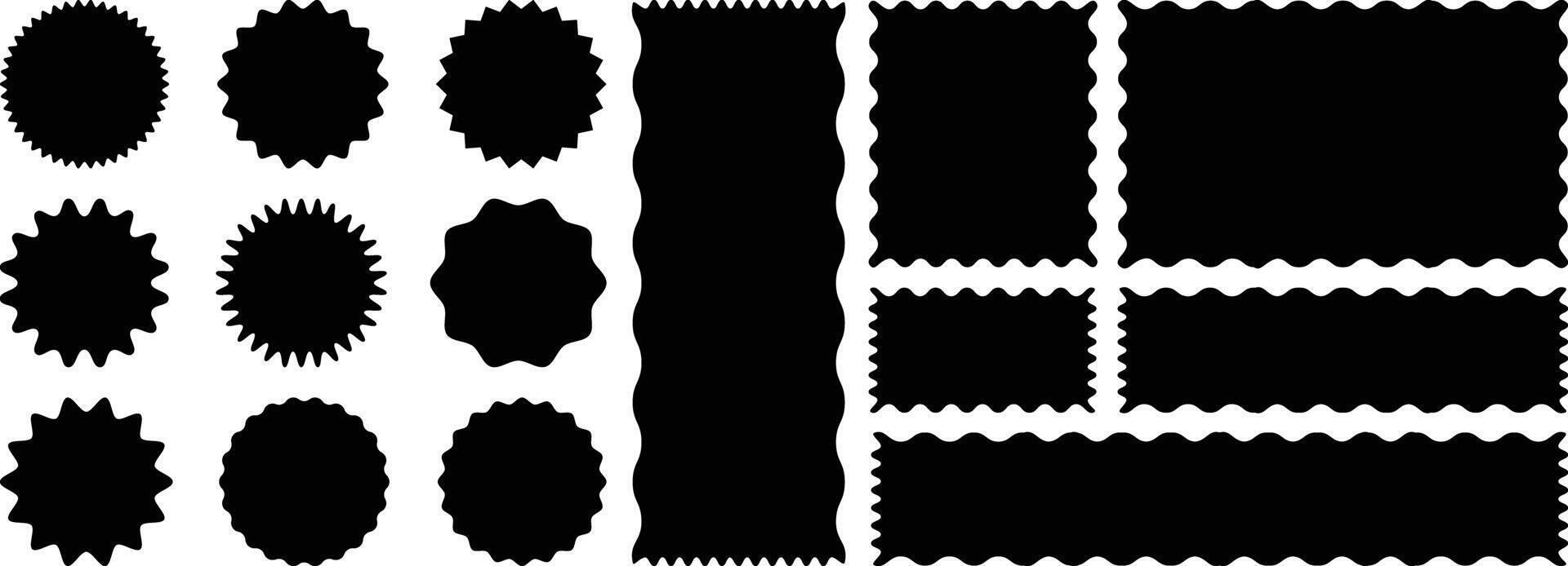 Zig zag edge square and circle shapes collection. Jagged patches set. Black graphic design elements vector