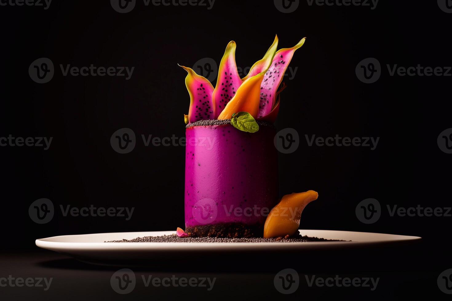 Artistic cheesecake with vibrant dragon fruit cream and bold tropical colors, black background highlighting elegant and creative plating. . photo