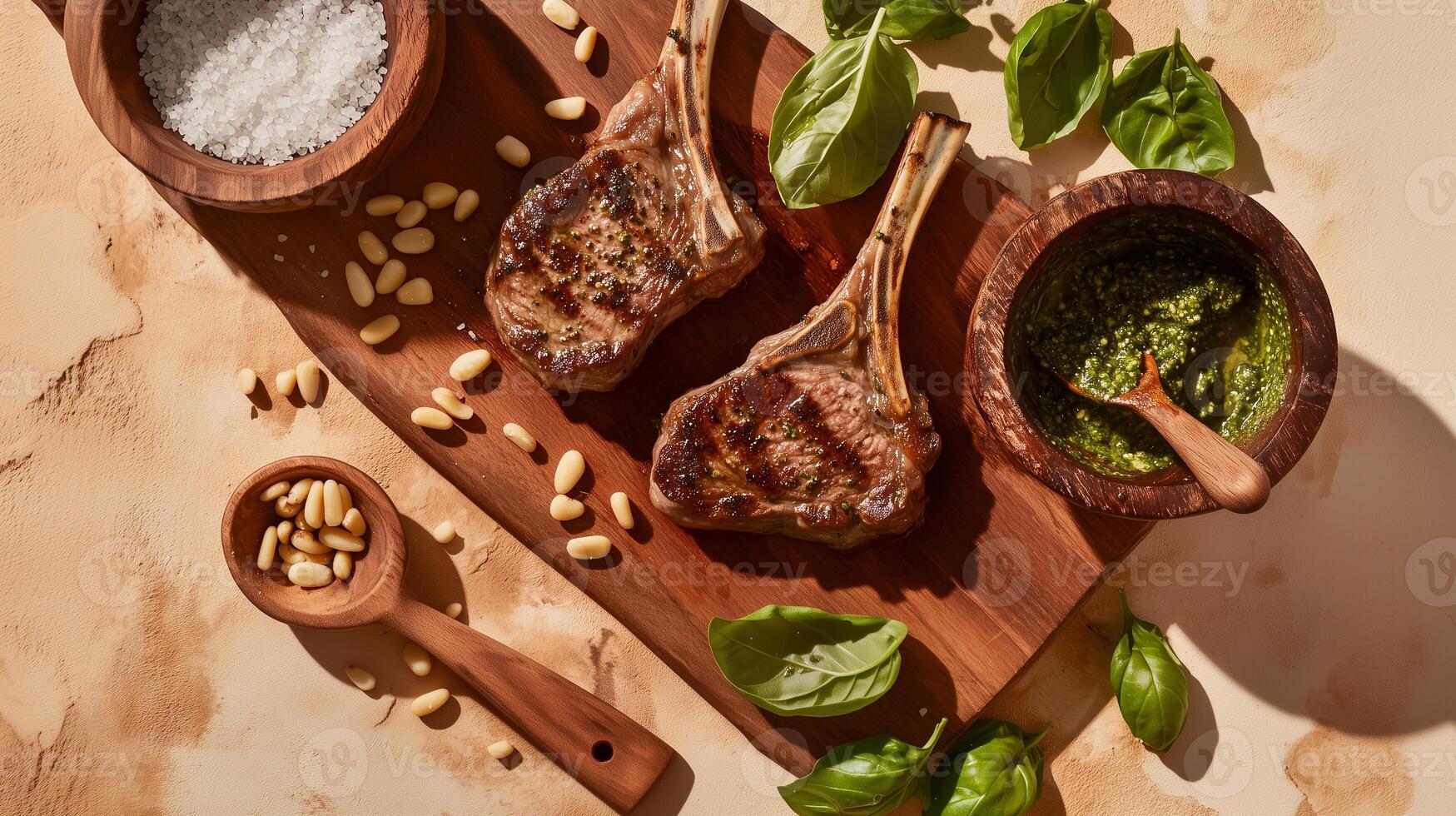 Flat lay of grilled lamb chops with pesto sauce, pine nuts, basil, and coarse salt on a rustic wooden board. A warm, earthy culinary composition with Mediterranean flavors. . photo