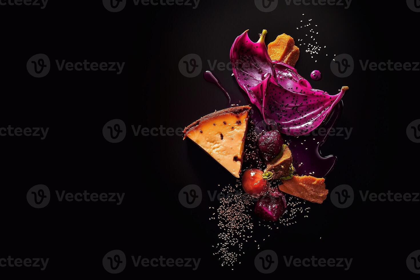 A slice of cheesecake artfully arranged with dragonfruit cream, chia seeds, fresh berries, and caramel shards, set against a dramatic black background. . photo
