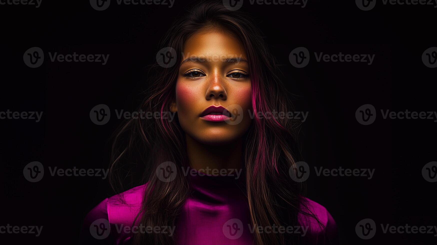A confident woman with glowing, sun-kissed skin and striking pink makeup, illuminated by vibrant magenta highlights. She wears a sleek satin outfit, blending elegance. . photo