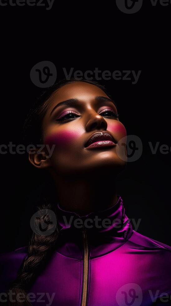 Close-up portrait of a confident dark-skinned woman in futuristic fashion. Glossy skin, bold pink makeup, and sleek braid create a striking, high-fashion aesthetic. . photo