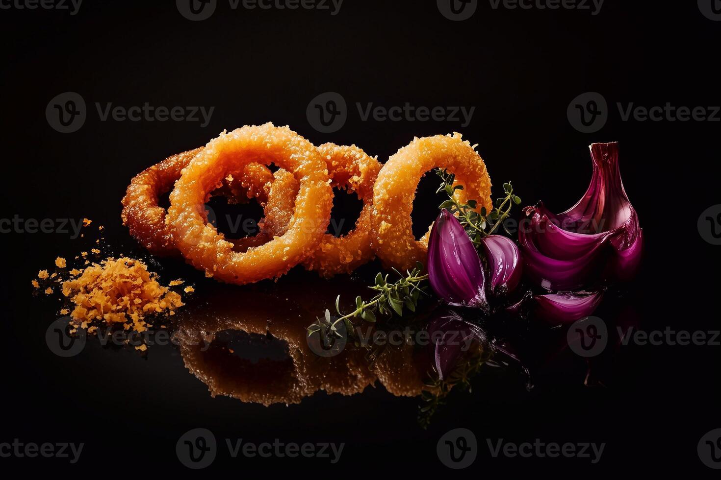 Golden onion rings, roasted garlic, and charred onion slices with thyme and salt, arranged on a dark surface. A visually striking food presentation with rich textures and deep contrast. . photo