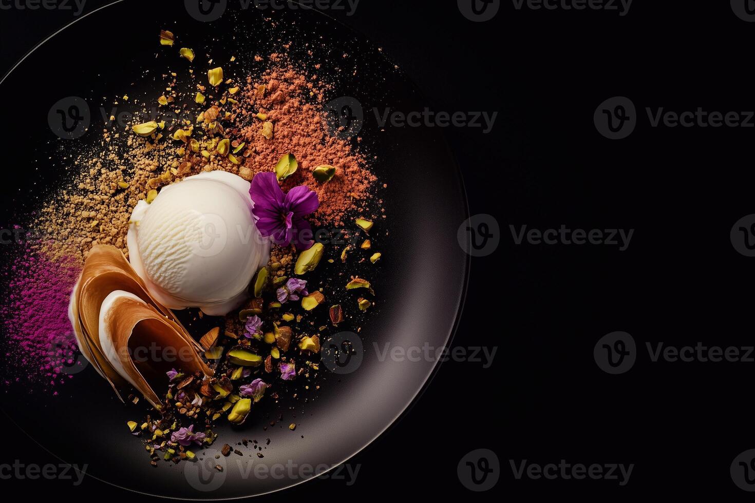 White ice cream scoop with pistachios, chocolate curl, edible flowers, and colorful powders on a black plate, styled in a luxurious and modern culinary presentation. . photo