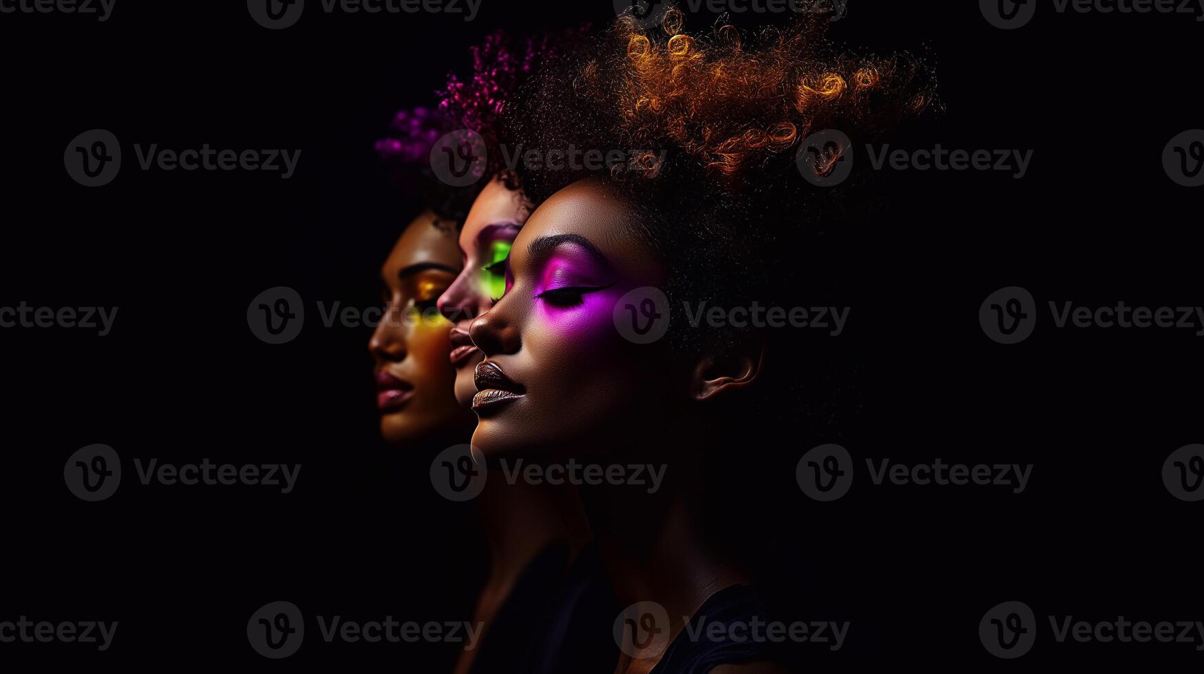 Women with expressive makeup reflecting aura colors pose in an artistic portrait with neon lighting and a futuristic atmosphere photo