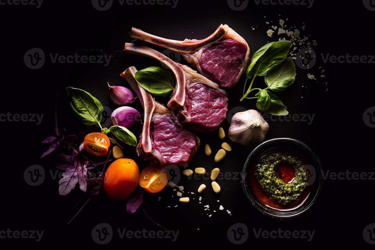 Raw lamb chops arranged with basil, garlic, pine nuts, cherry tomatoes, and a bowl of pesto sauce on a dark background. A gourmet composition with rich textures and colors. . photo