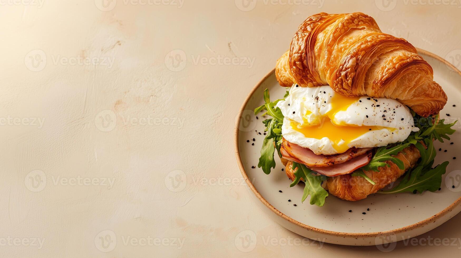 Flaky croissant sandwich with poached egg, arugula, and ham, beautifully presented on a rustic plate, with soft textures and vibrant colors for a gourmet breakfast look. . photo