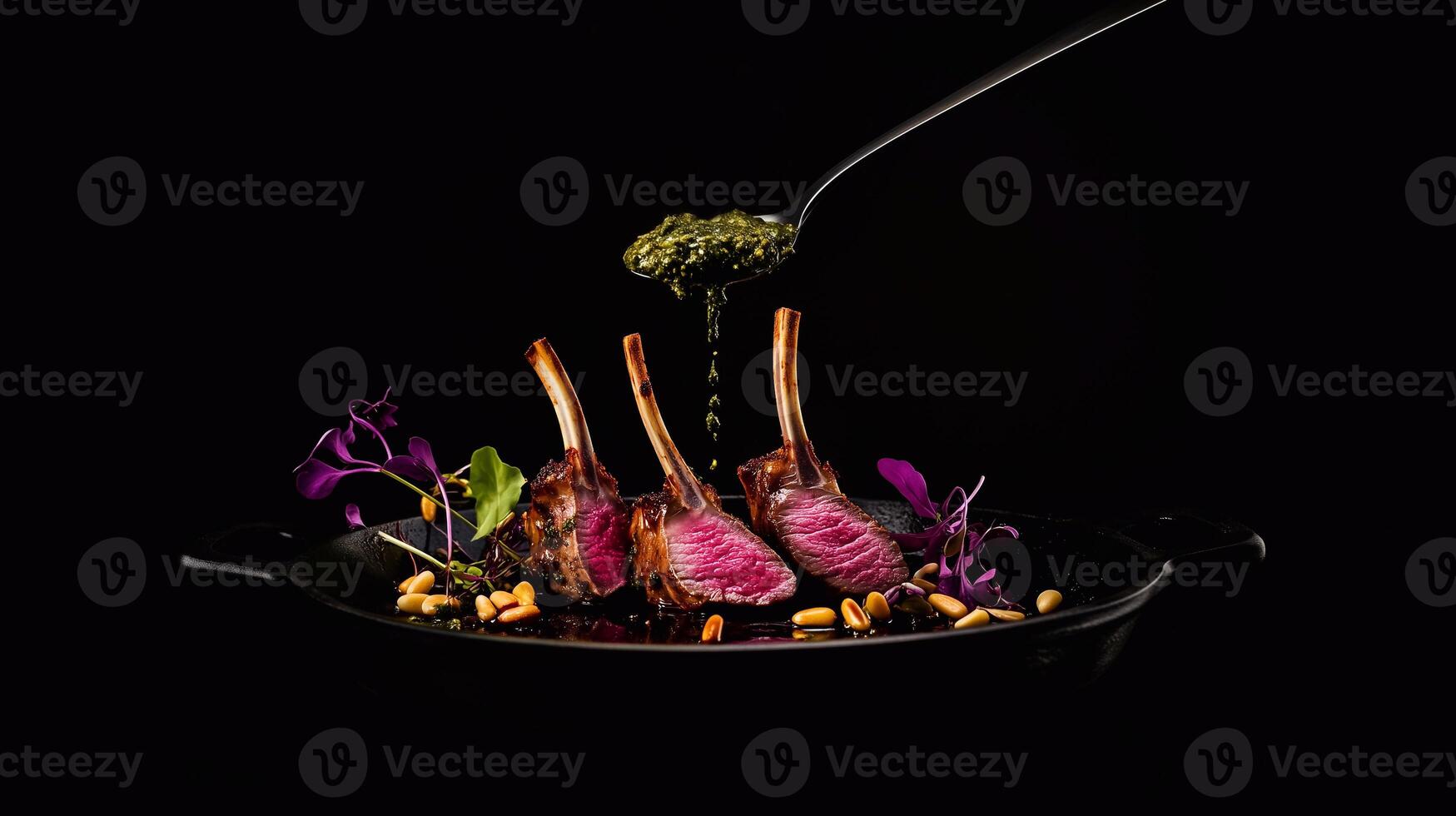 Juicy lamb chops in a skillet, garnished with pine nuts and microgreens, as a spoon drizzles fresh pesto sauce over the dish. A gourmet dining experience captured in motion. . photo