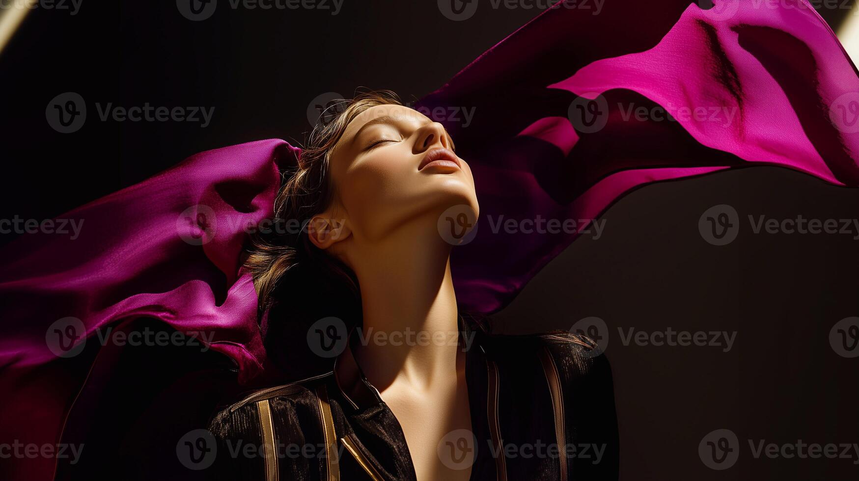 A stunning model with glowing skin, bathed in dramatic light, with flowing silk fabric, emphasizing luxury beauty and skincare. Aesthetic elegance and radiant confidence. . photo