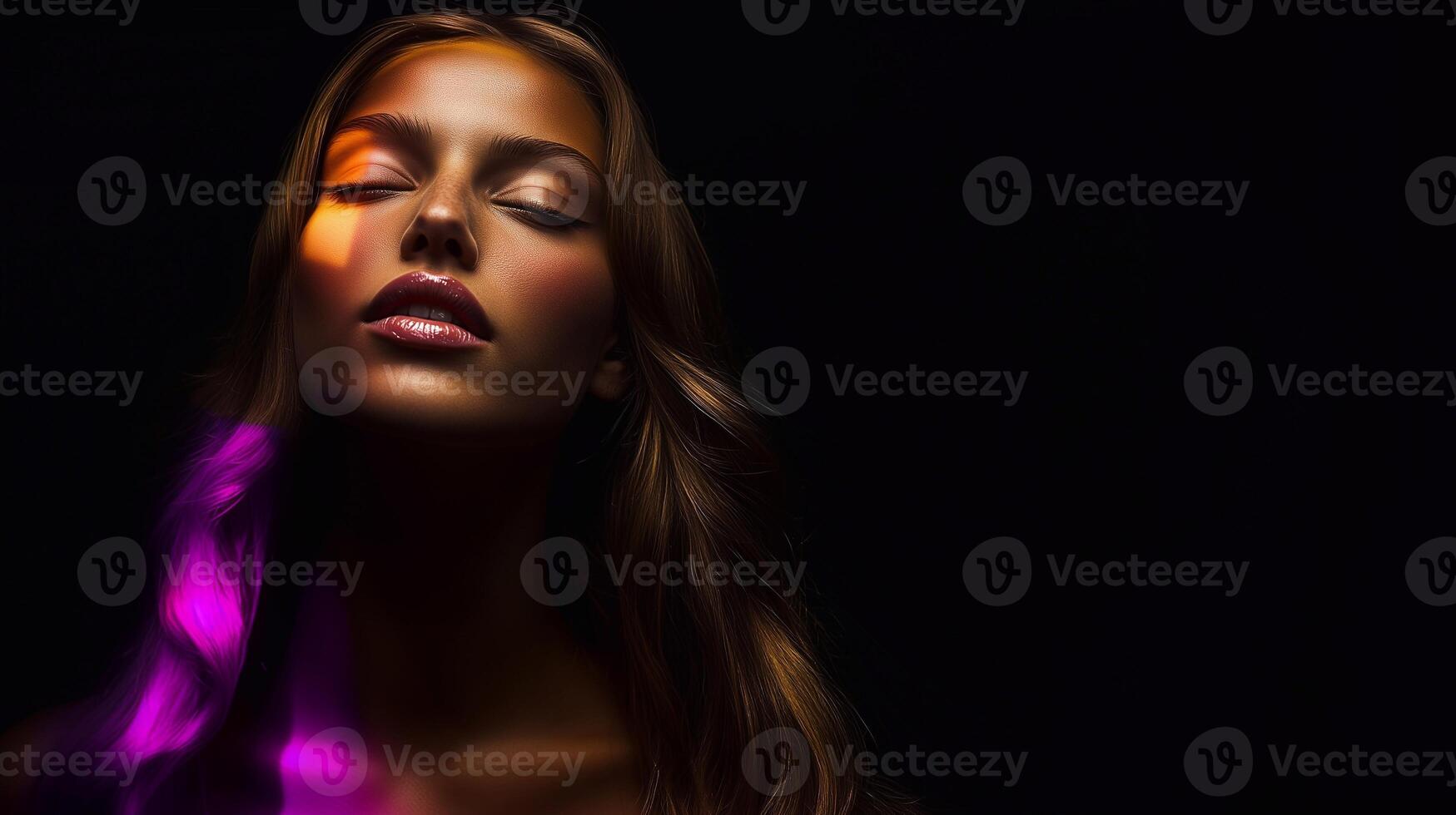 A serene woman with flawless, radiant skin and expertly applied makeup, featuring glossy lips and soft contouring. Illuminated by mystical aura colors of warm gold and vibrant purple. . photo