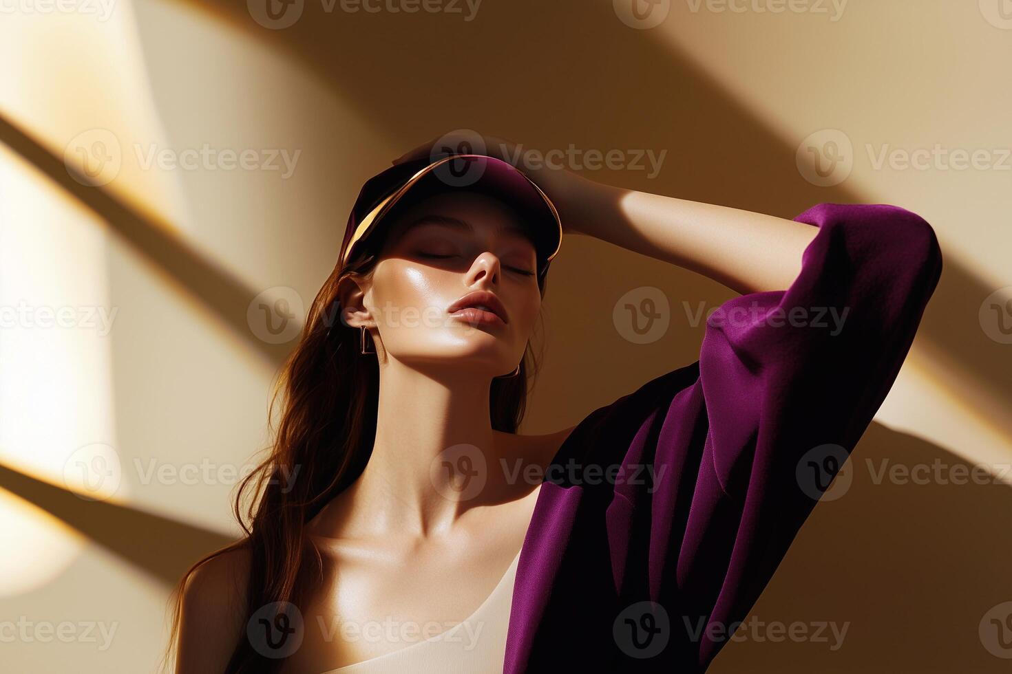 A fashionable woman enjoys the sun, highlighting skincare and sun protection. Warm tones and elegant aesthetics create a serene and luxurious feel. . photo