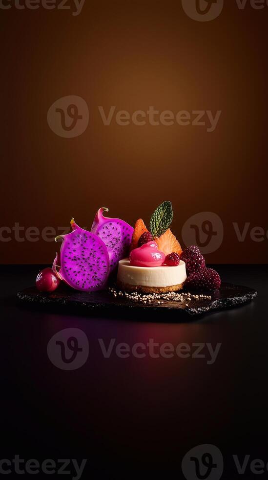 A cheesecake topped with dragonfruit cream, garnished with vibrant fruit slices, fresh berries, chia seeds, and mint, set against a minimalist brown background. . photo