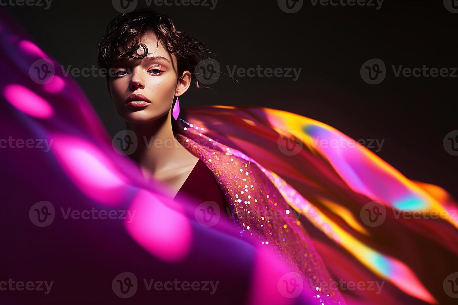 A fashion-forward portrait of a woman surrounded by flowing neon fabric, vibrant colors, glittering textures, and soft lighting, creating a dreamy, futuristic, and glamorous atmosphere. . photo