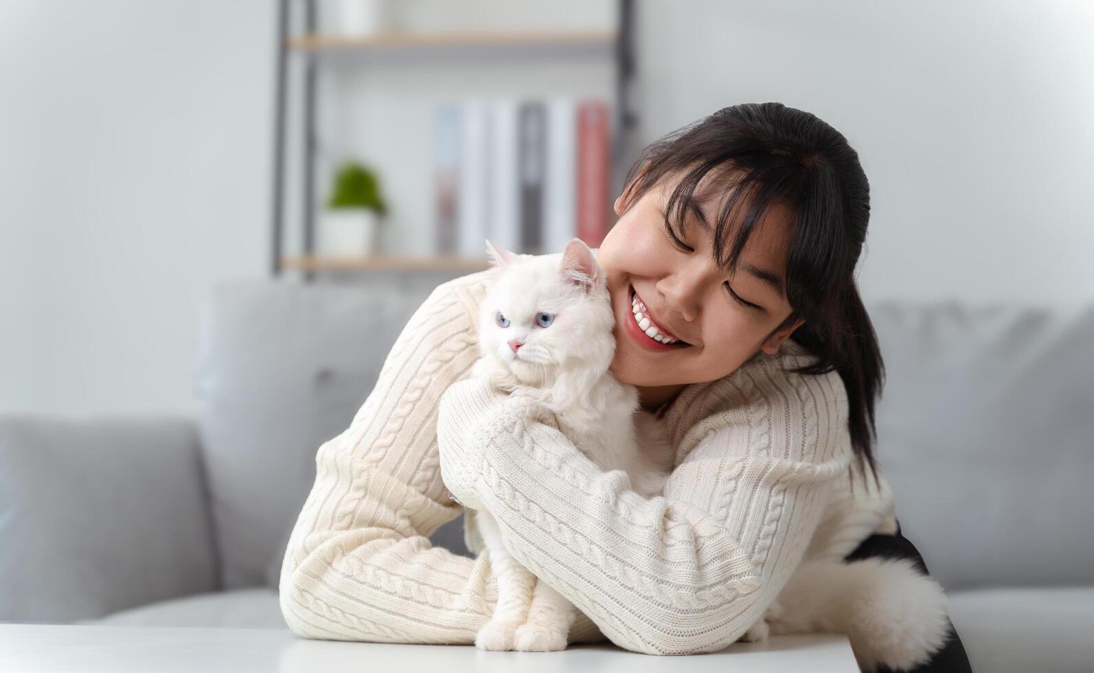 A beautiful young woman is hugging a white Persian cat and smiling happily with love for the cat photo