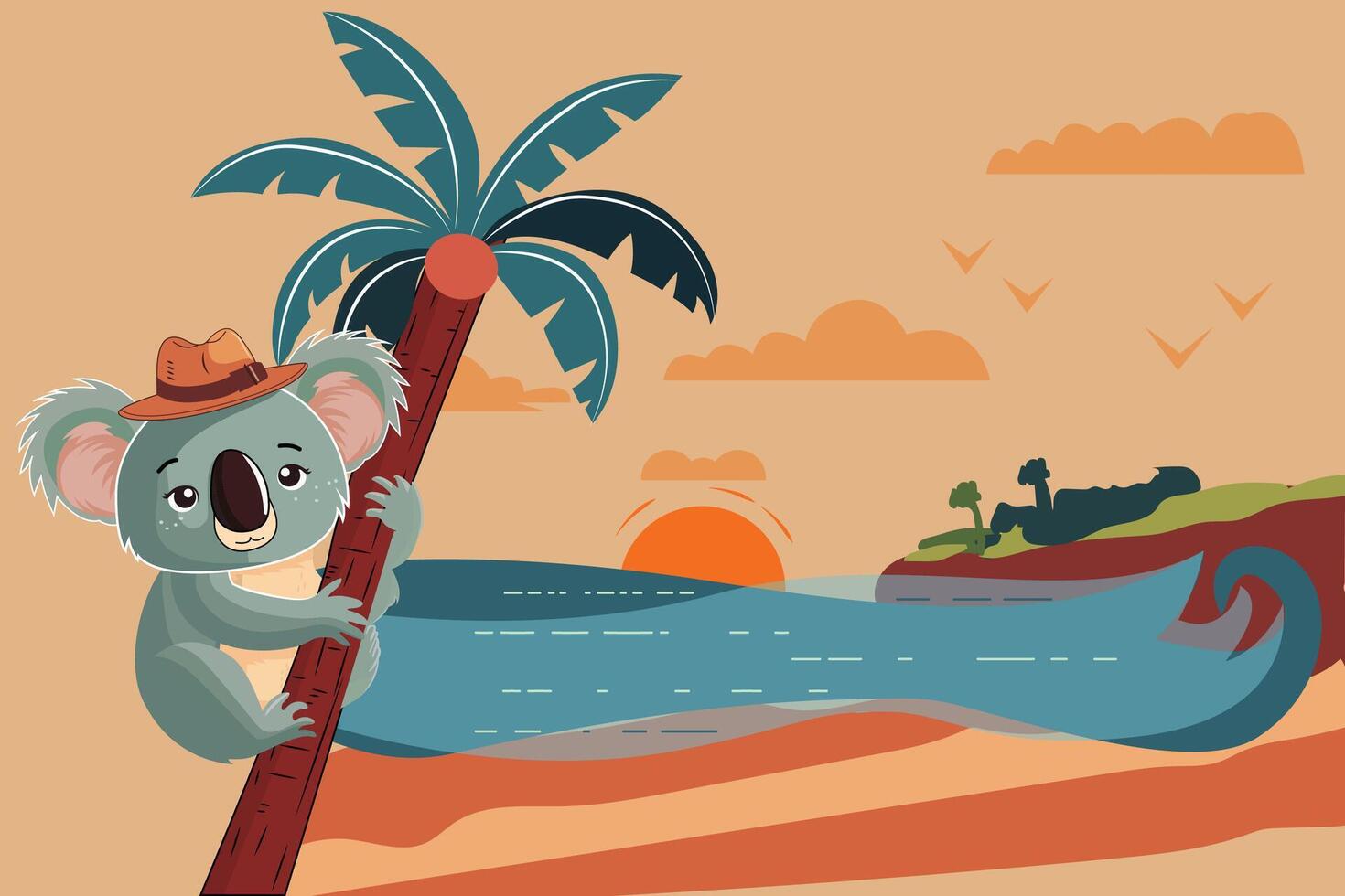 Adorable Koala Hanging on a Palm Tree by the Tropical Beach Cute Wildlife Illustration vector