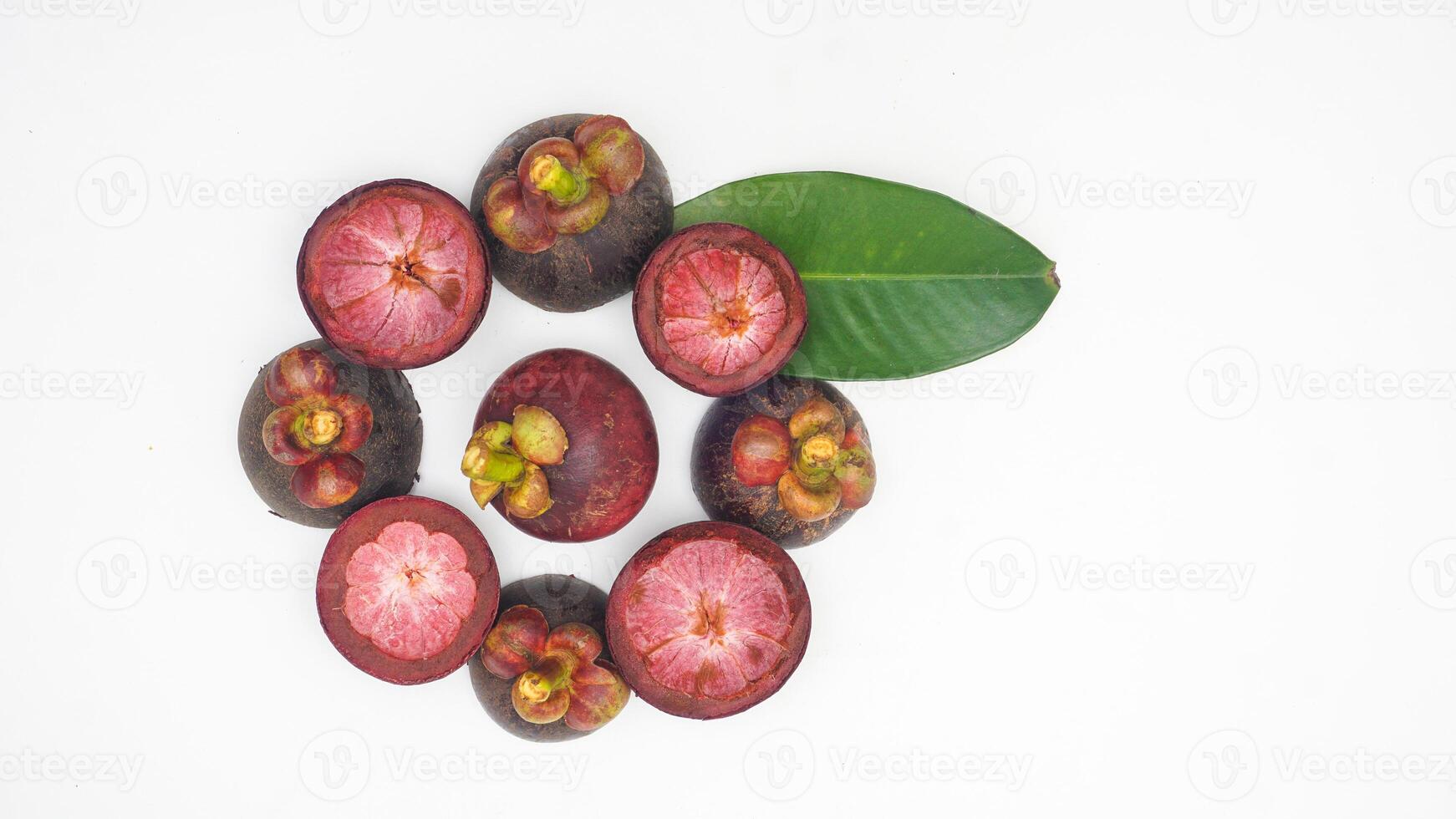 Skin of Fresh Mangosteen with Leaf on White Background photo