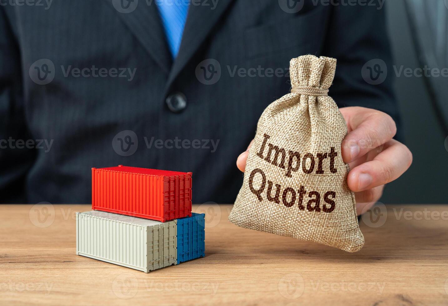 Import quotas and cargo containers. Import restrictions, government trade policies, international logistics, customs regulations. Supply chain management, trade barriers, and controlled market access. photo