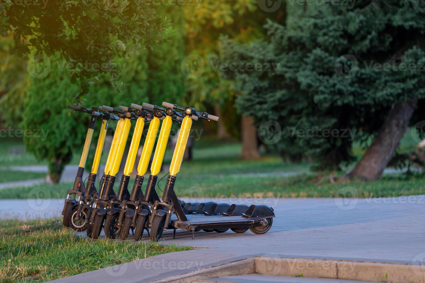 Yellow electric scooters are parked in a summer park on a sunny day. Moving around the city. Tourism and travel photo
