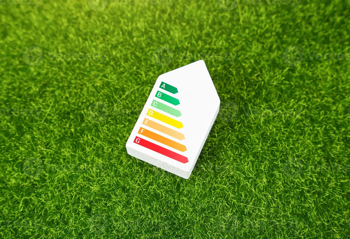European Union energy label on the house on the green grass. Energy consumption labelling scheme. Self-sufficiency and economy of housing. High energy efficiency. photo
