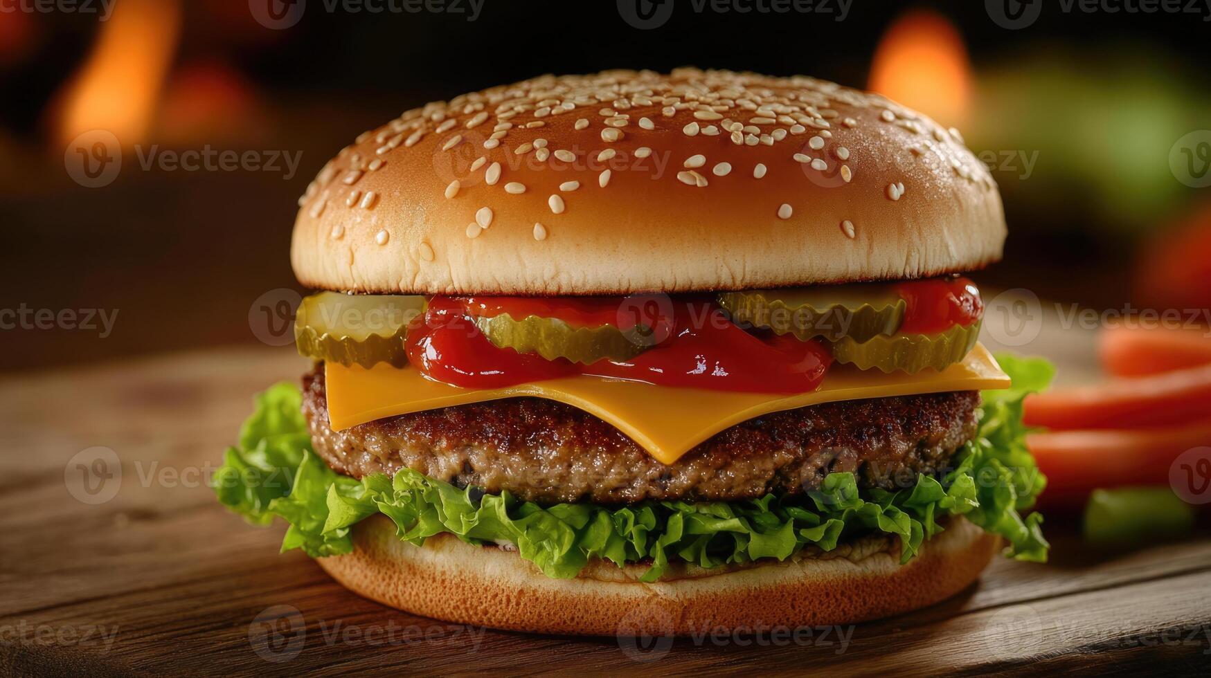 Cheeseburger with fresh lettuce, tomatoes, onions, pickles and melted cheese on the table, gourmet fast food, restaurant menu. Burning fire at the background photo