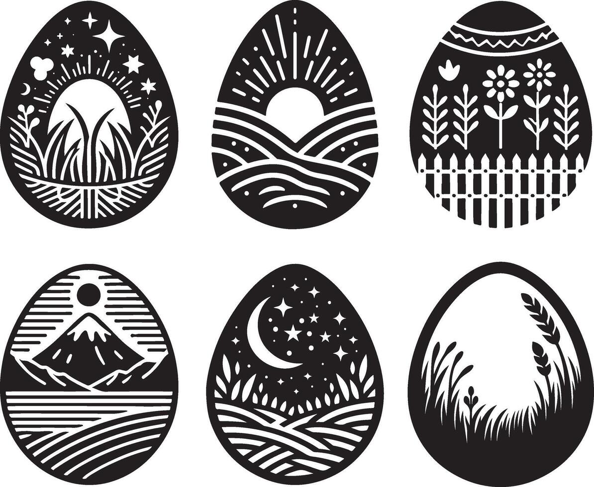 Beautiful Black and White Easter Egg Designs with Nature and Celestial Themes vector