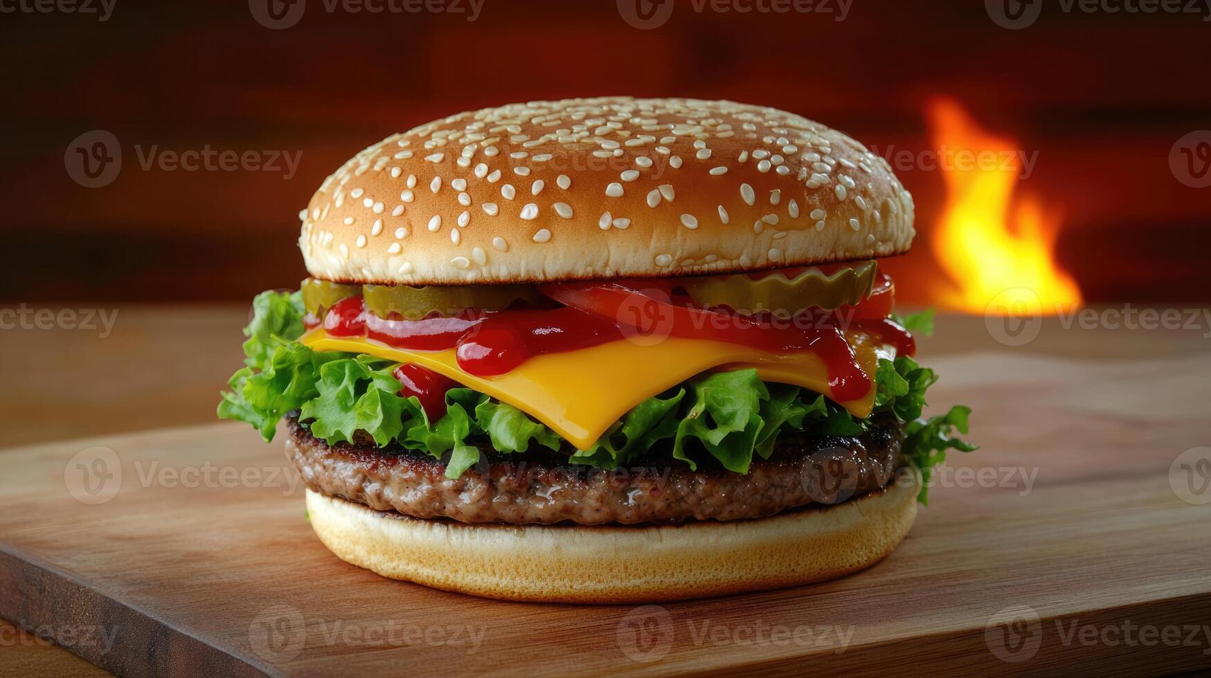Cheeseburger with fresh lettuce, tomatoes, onions, pickles and melted cheese on the table, gourmet fast food, restaurant menu. Burning fire at the background photo