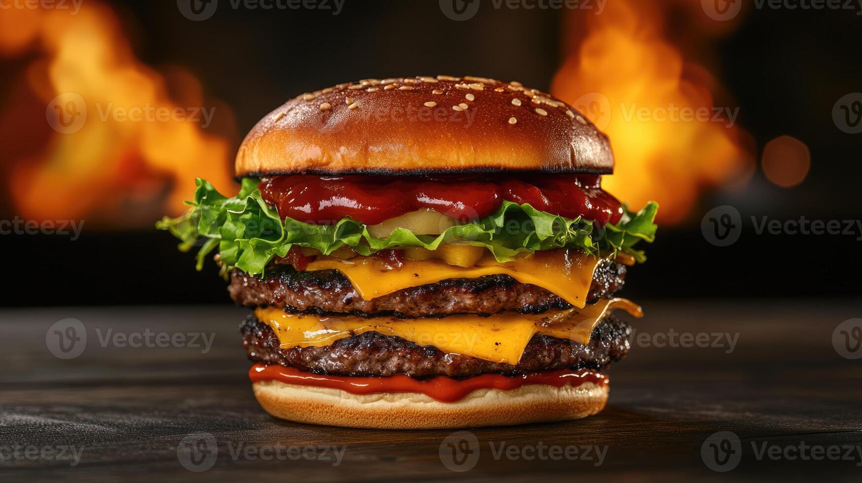 Cheeseburger with fresh lettuce, tomatoes, onions, pickles and melted cheese on the table, gourmet fast food, restaurant menu. Burning fire at the background photo