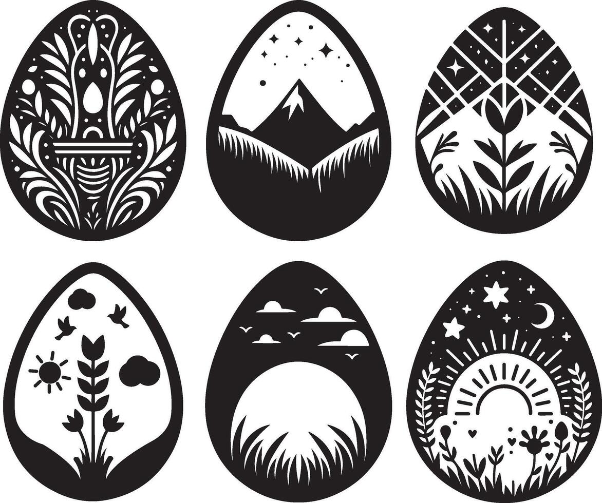 Intricate Black and White Easter Egg Designs Bundle with Nature Themes vector