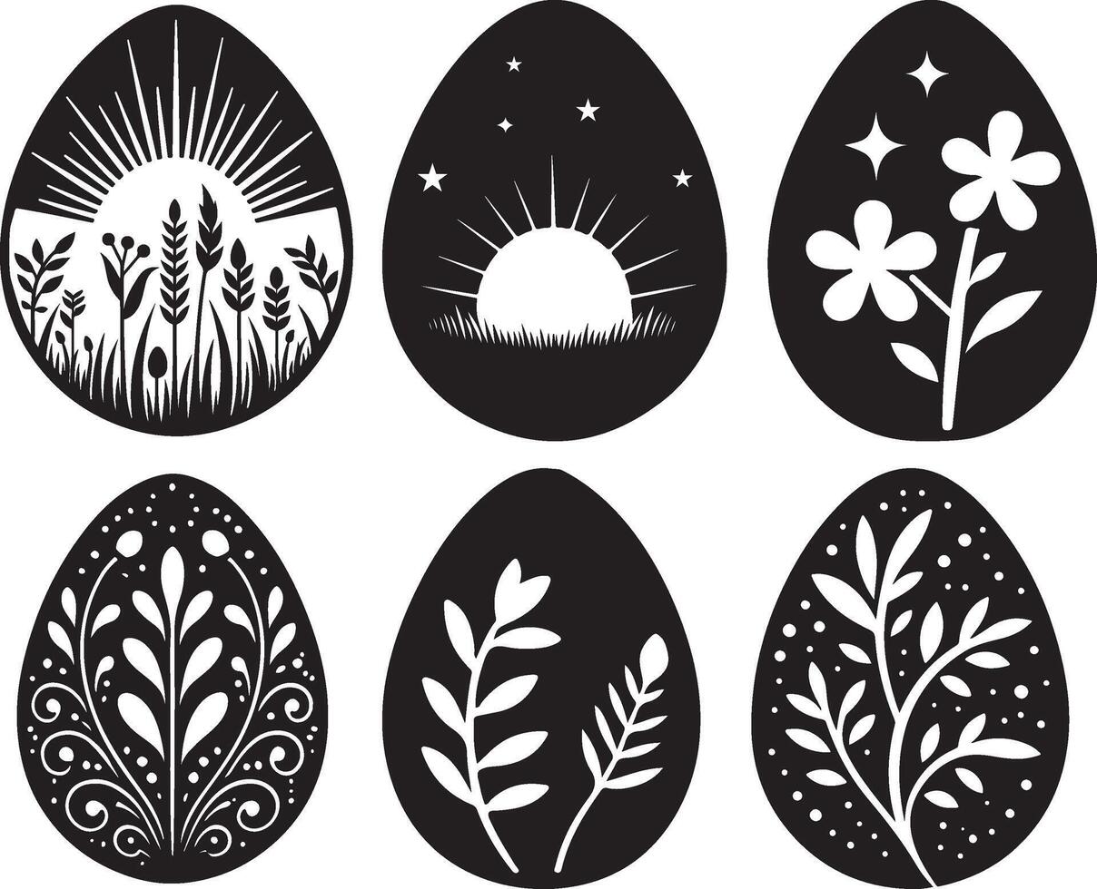 Beautiful Black and White Easter Egg Designs with Nature and Floral Patterns Bundle vector