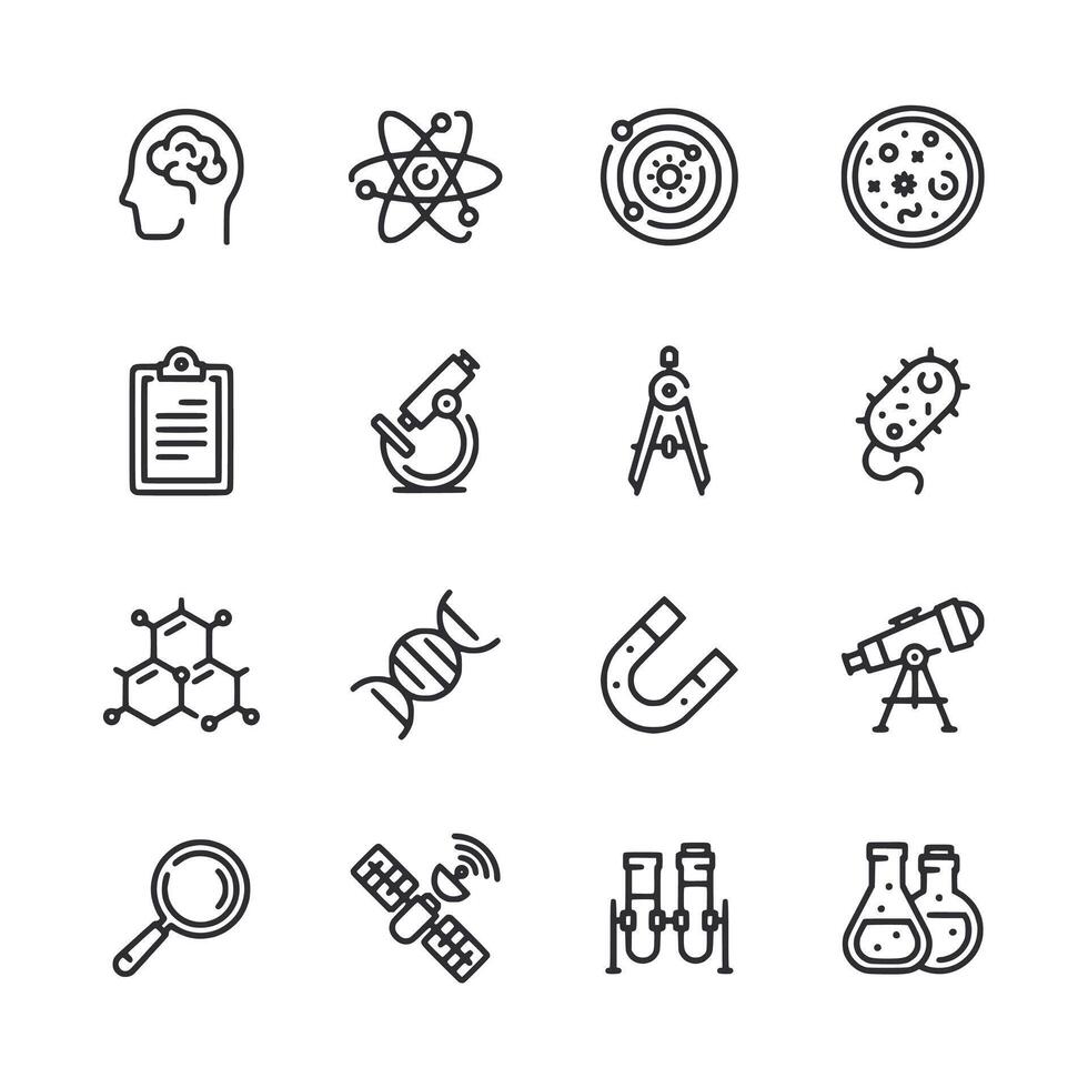 A set of science icons including a microscope, a compass, a magnifying glass vector