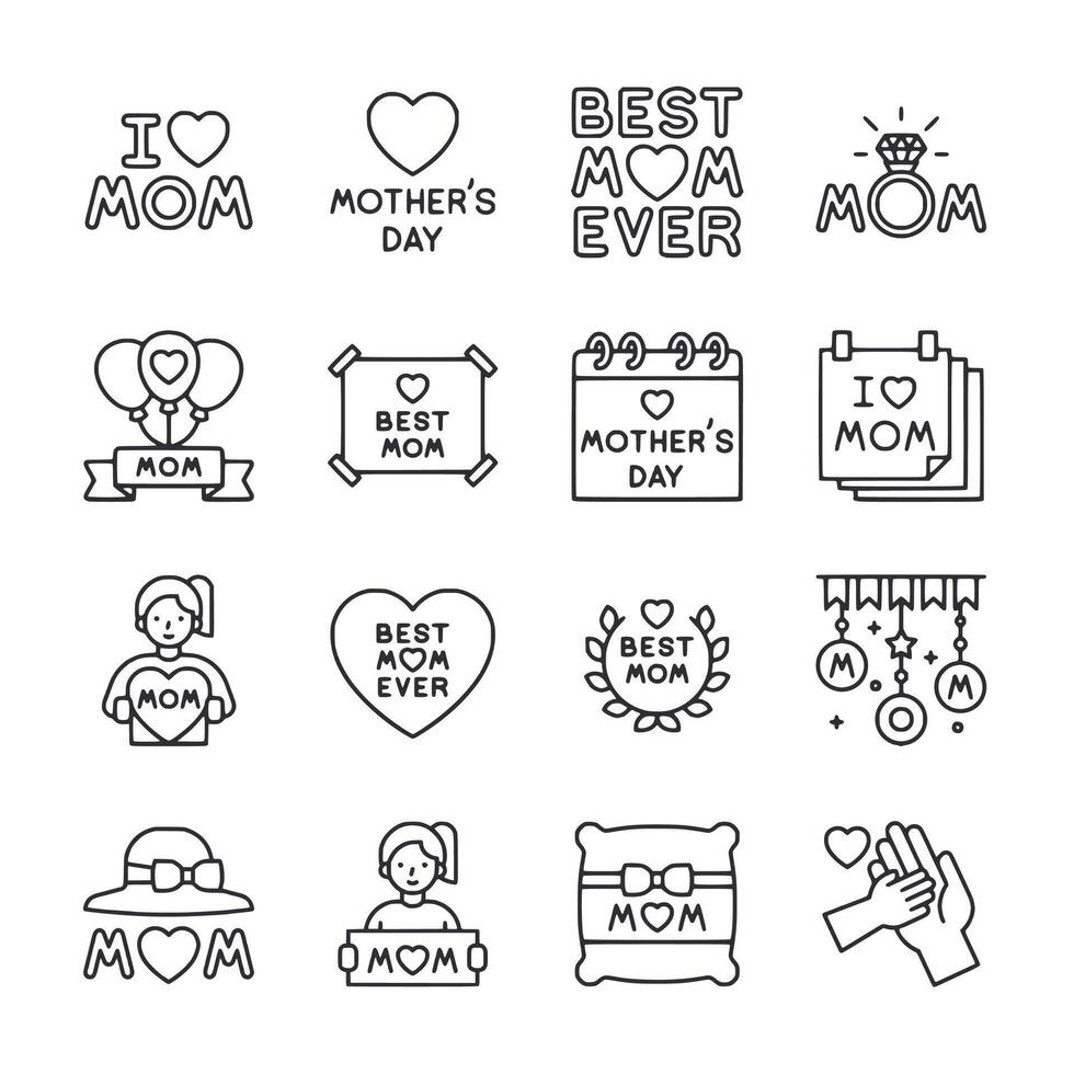 A set of black and white icons for Mother's Day vector