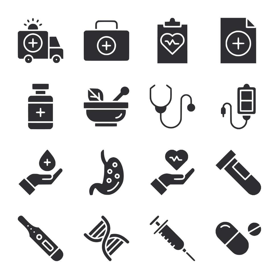 A set of medical icons including a stethoscope, syringe vector