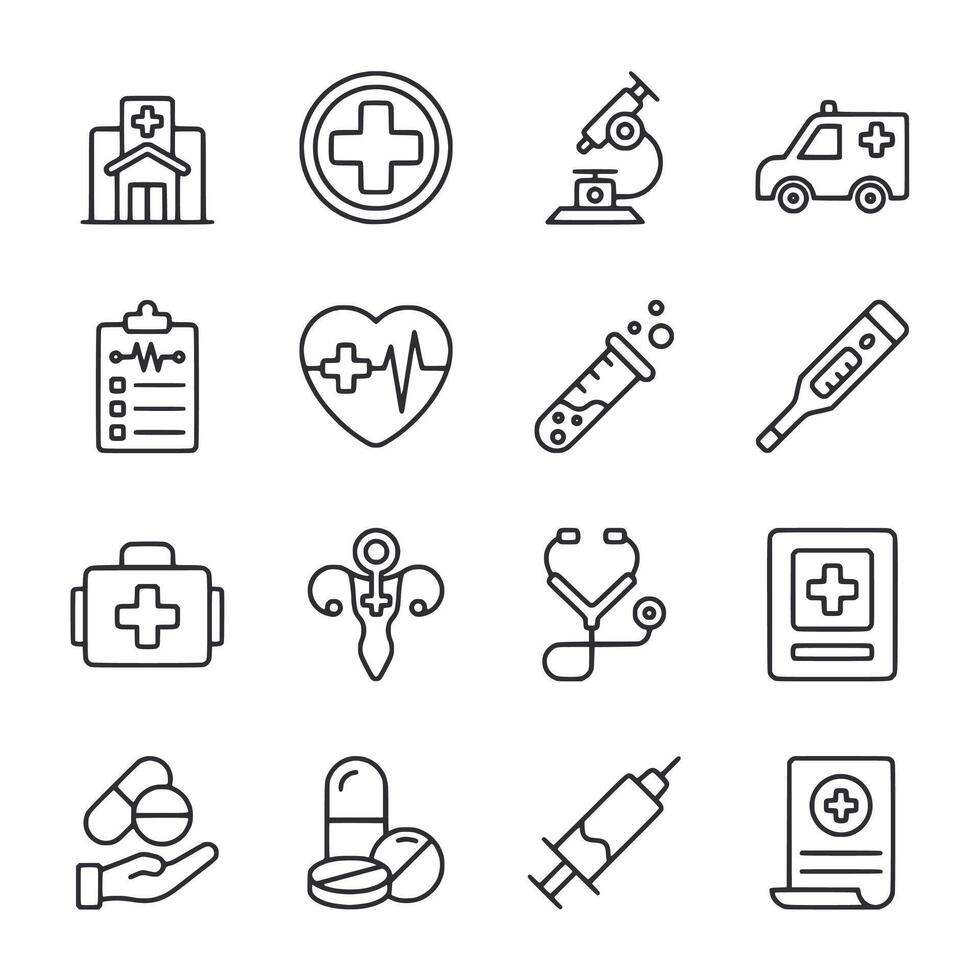 A set of medical icons including a stethoscope, syringe, and pill vector